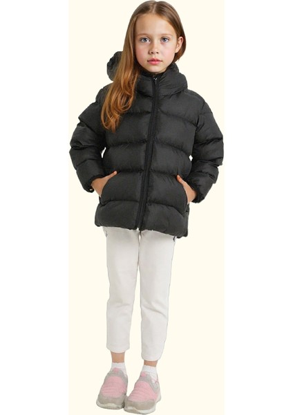 Kız Çocuk Polarlı Kürklü Kapüşonlu Su Geçirmez Rüzgara Dayanıklı Şişme Kışlık Mont