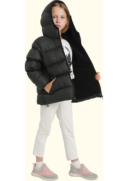 Kız Çocuk Polarlı Kürklü Kapüşonlu Su Geçirmez Rüzgara Dayanıklı Şişme Kışlık Mont