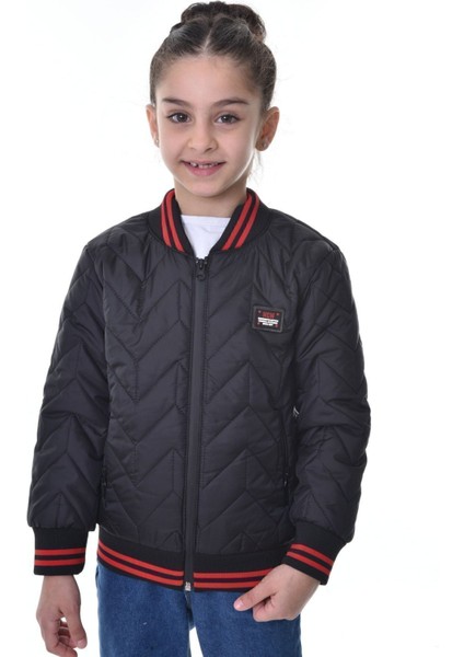 Kız Çocuk Siyah Kolej Yaka Içi Astarlı Su ve Rüzgar Geçirmez Fermuarlı Cep Mont Ceket