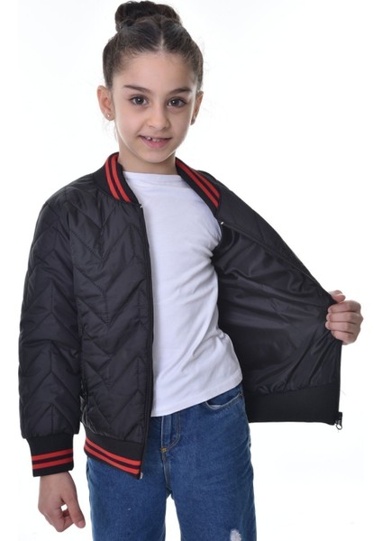 Kız Çocuk Siyah Kolej Yaka Içi Astarlı Su ve Rüzgar Geçirmez Fermuarlı Cep Mont Ceket