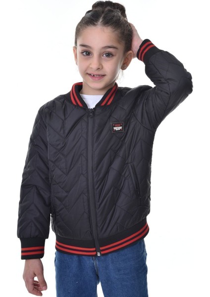 Kız Çocuk Siyah Kolej Yaka Içi Astarlı Su ve Rüzgar Geçirmez Fermuarlı Cep Mont Ceket