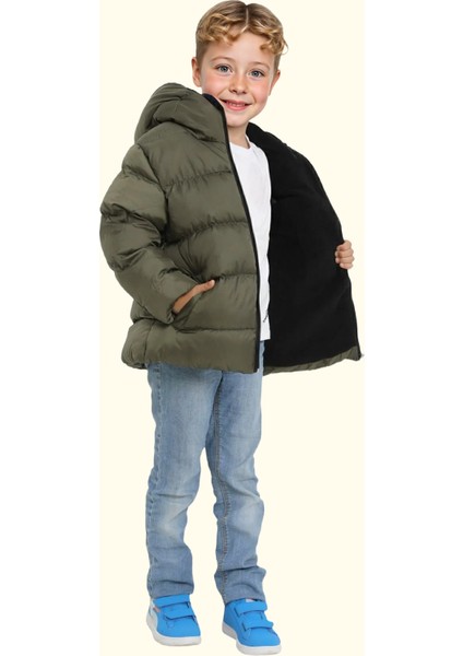 Spor Erkek Çocuk Polarlı Kapüşonlu Su Geçirmez Rüzgara Dayanıklı Cepli Mont