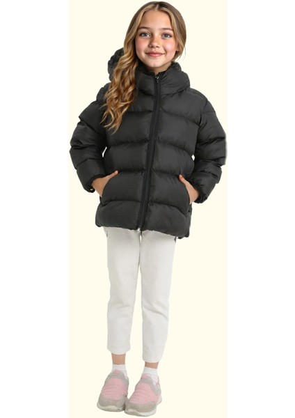 Spor Kız Çocuk Polarlı Kapüşonlu Su Geçirmez Rüzgara Dayanıklı Cepli Mont