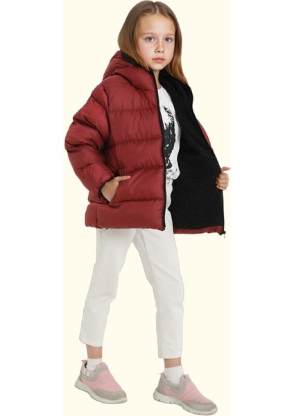 Kız Çocuk Polarlı Kürklü Kapüşonlu Su Geçirmez Rüzgara Dayanıklı Şişme Kışlık Mont