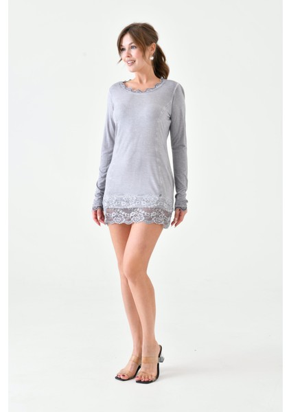 Kadın Viskon Dantel Detaylı Uzun Kol Curve Spor Şık Bluz Tunik indirimleri