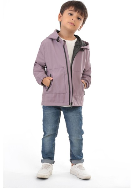 Spor Erkek Çocuk Mürdüm Içi Astarlı Su ve Rüzgar Geçirmez Kapüşonlu Çift Fermuarlı Cepli Yağmurluk