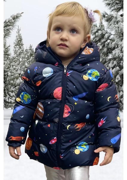 Spor Kız Çocuk Polarlı Kapüşonlu Gezegen Yıldız Desenli Mont & Kaban & Parka