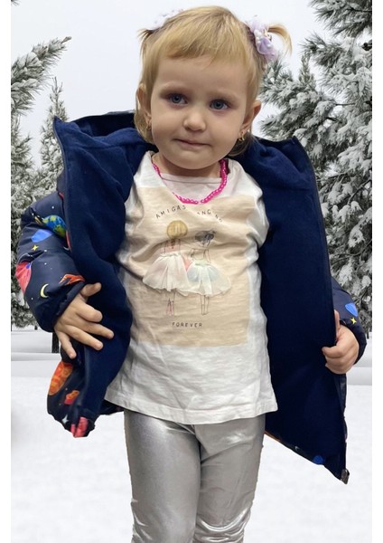 Spor Kız Çocuk Polarlı Kapüşonlu Gezegen Yıldız Desenli Mont & Kaban & Parka