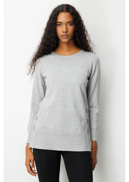 Kadın Sıfır Yaka Dikişsiz Yanları Düğmeli Simli Bluz Gri fiyatları