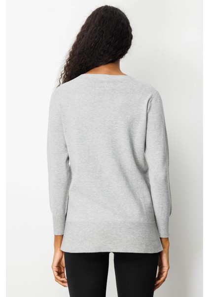 Kadın Sıfır Yaka Dikişsiz Yanları Düğmeli Simli Bluz Gri modelleri