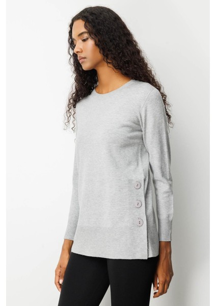 Kadın Sıfır Yaka Dikişsiz Yanları Düğmeli Simli Bluz Gri indirimleri