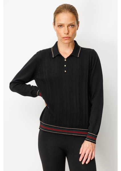 Kadın Polo Yaka Simli Çizgili Yün Bluz Siyah
