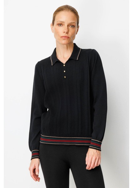 Kadın Polo Yaka Simli Çizgili Yün Bluz Siyah fiyatları