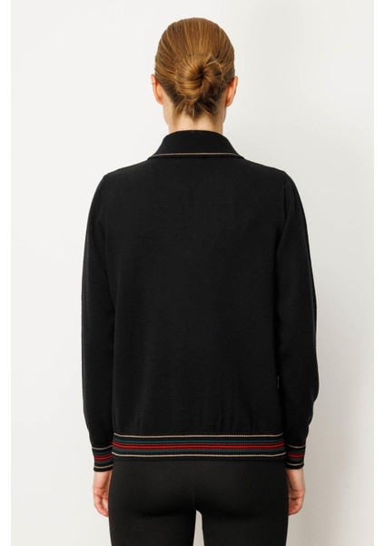 Kadın Polo Yaka Simli Çizgili Yün Bluz Siyah modelleri