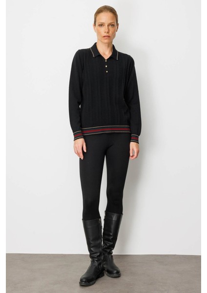 Kadın Polo Yaka Simli Çizgili Yün Bluz Siyah fırsatları