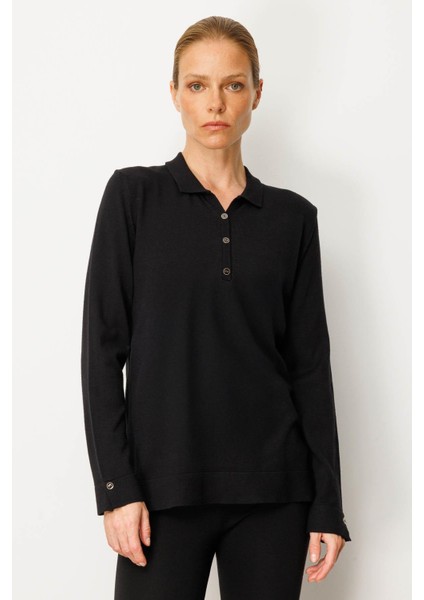 Kadın Polo Yaka Yakası ve Kolu Düğmeli Bluz Siyah fırsatları