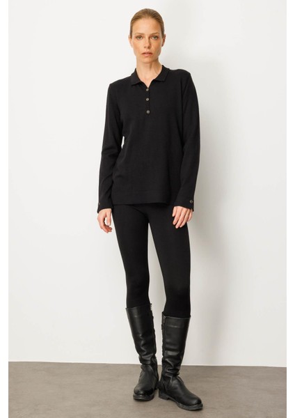 Kadın Polo Yaka Yakası ve Kolu Düğmeli Bluz Siyah indirimleri