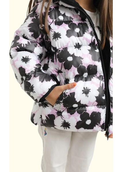 Kız Çocuk Beyaz Mor Çiçek Desen Içi Polar Su ve Rüzgar Geçirmez Kapüşonlu Cepli Şişme Kışlık Mont