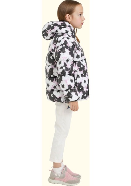 Kız Çocuk Beyaz Mor Çiçek Desen Içi Polar Su ve Rüzgar Geçirmez Kapüşonlu Cepli Şişme Kışlık Mont