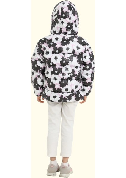 Kız Çocuk Beyaz Mor Çiçek Desen Içi Polar Su ve Rüzgar Geçirmez Kapüşonlu Cepli Şişme Kışlık Mont