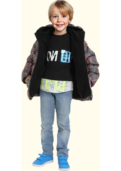 Erkek Çocuk Siyah Geometrik Desen Içi Polar Su ve Rüzgar Geçirmez Kapüşonlu Cepli Şişme Kışlık Mont