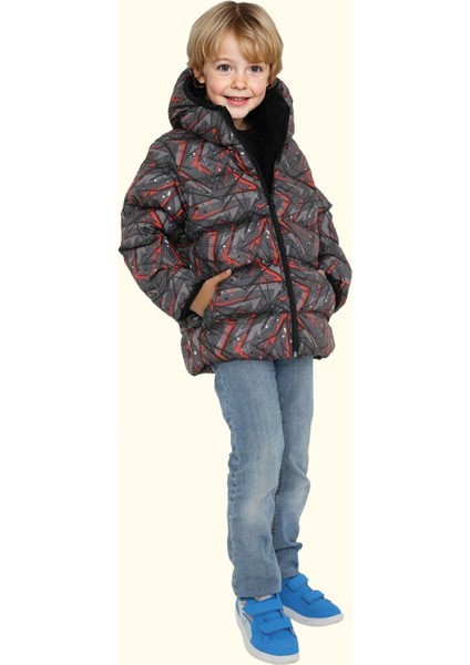Erkek Çocuk Siyah Geometrik Desen Içi Polar Su ve Rüzgar Geçirmez Kapüşonlu Cepli Şişme Kışlık Mont