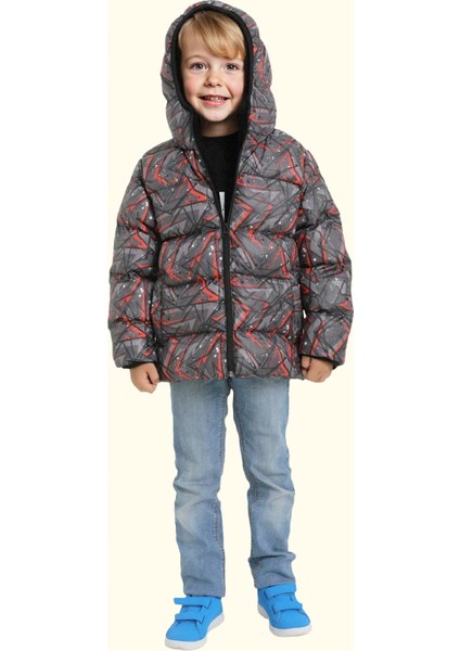 Erkek Çocuk Siyah Geometrik Desen Içi Polar Su ve Rüzgar Geçirmez Kapüşonlu Cepli Şişme Kışlık Mont
