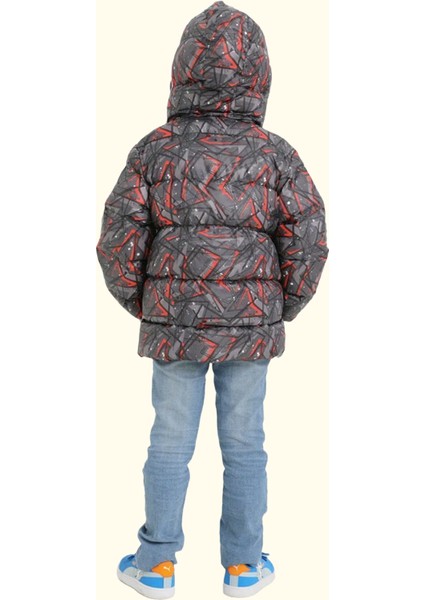 Erkek Çocuk Siyah Geometrik Desen Içi Polar Su ve Rüzgar Geçirmez Kapüşonlu Cepli Şişme Kışlık Mont
