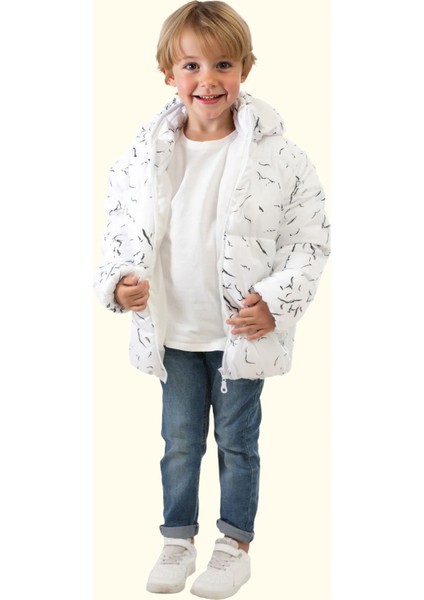 Erkek Çocuk Beyaz Çıkabilir Kapüşonlu Su ve Rüzgar Geçirmez Kışlık Şişme Mont & Kaban & Parka DCM-110
