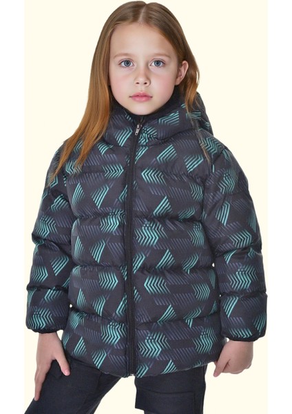 Kız Çocuk Siyah Yeşil Dijital Desen Içi Polar Su ve Rüzgar Geçirmez Kapüşonlu Şişme Kışlık Mont