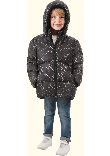 Erkek Çocuk Siyah Çıkabilir Kapüşonlu Su ve Rüzgar Geçirmez Kışlık Şişme Mont & Kaban & Parka DCM-110