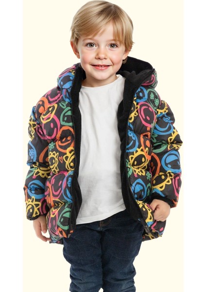 Erkek Çocuk Gülen Emoji Polarlı Kürklü Su ve Rüzgar Geçirmez Kapüşonlu Kışlık Şişme Mont EMOJI-2024