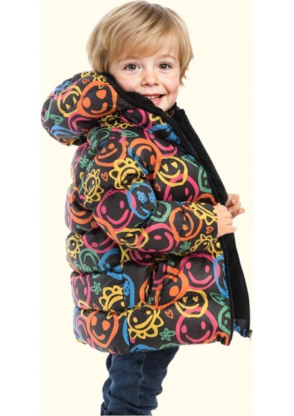 Erkek Çocuk Gülen Emoji Polarlı Kürklü Su ve Rüzgar Geçirmez Kapüşonlu Kışlık Şişme Mont EMOJI-2024