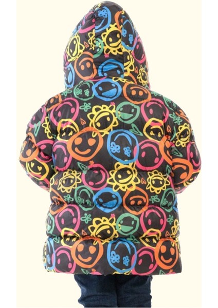 Erkek Çocuk Gülen Emoji Polarlı Kürklü Su ve Rüzgar Geçirmez Kapüşonlu Kışlık Şişme Mont EMOJI-2024