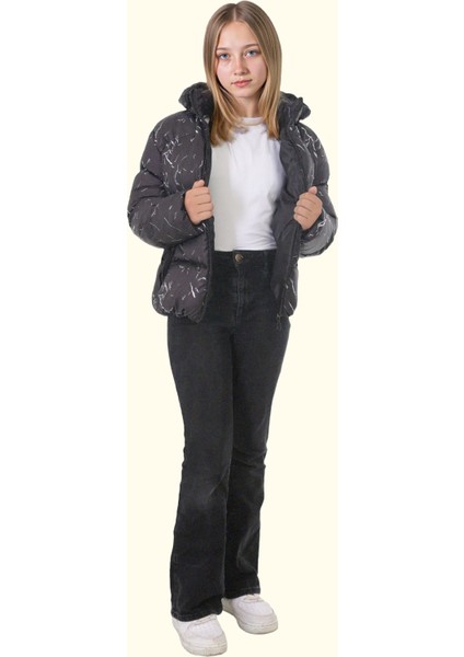 Kız Çocuk Siyah Çıkabilir Kapüşonlu Su ve Rüzgar Geçirmez Kışlık Şişme Mont & Kaban & Parka DCM-110-K