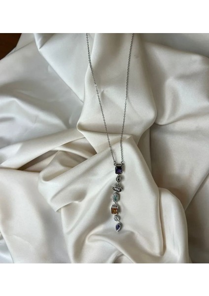 Çelik Kararmaz 7 Element Renkli Taşlı Y Kolye modelleri