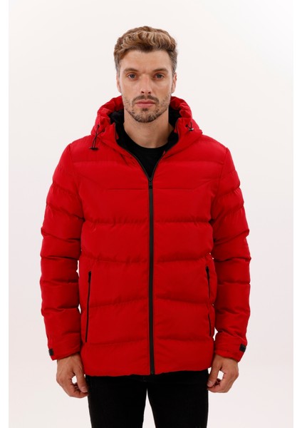 Erkek Kırmızı Kapüşonlu Içi Polarlı Su Geçirmez Rüzgara Dayanıklı Şişme Mont & Kaban & Parka