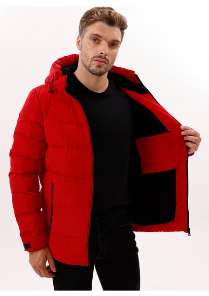 Erkek Kırmızı Kapüşonlu Içi Polarlı Su Geçirmez Rüzgara Dayanıklı Şişme Mont & Kaban & Parka