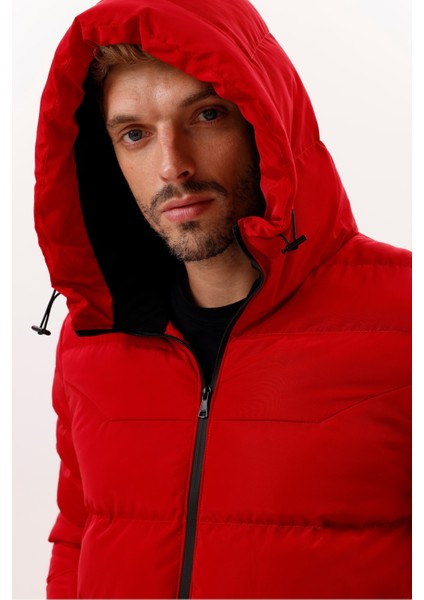 Erkek Kırmızı Kapüşonlu Içi Polarlı Su Geçirmez Rüzgara Dayanıklı Şişme Mont & Kaban & Parka