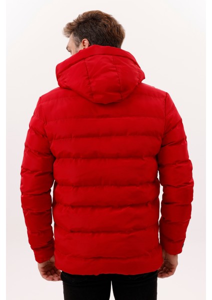 Erkek Kırmızı Kapüşonlu Içi Polarlı Su Geçirmez Rüzgara Dayanıklı Şişme Mont & Kaban & Parka