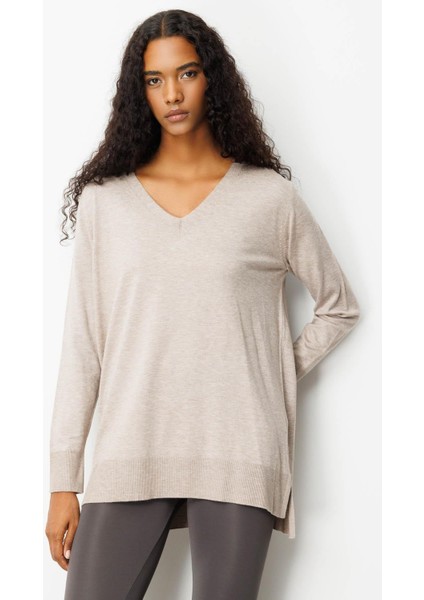 Kadın V Yaka Önü Arkası Yırtmaçlı Kazak Vizon