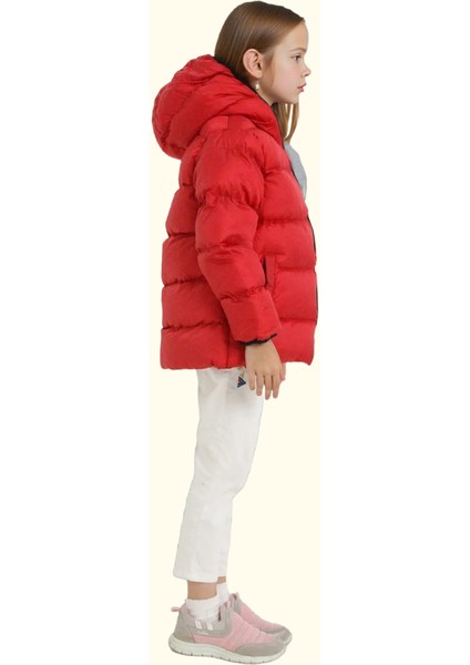 Kız Çocuk Polarlı Kürklü Kapüşonlu Su Geçirmez Rüzgara Dayanıklı Şişme Kışlık Mont