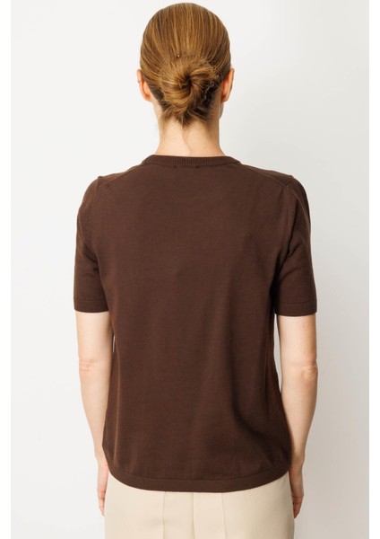 Kadın Sıfır Yaka Kısa Kollu Düz Bluz Kahve modelleri