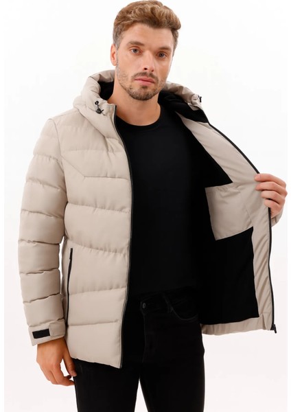 Erkek Taş Içi Polarlı Kürklü Kapüşonlu Su Geçirmez Rüzgara Dayanıklı Şişme Kışlık Mont Kaban Parka