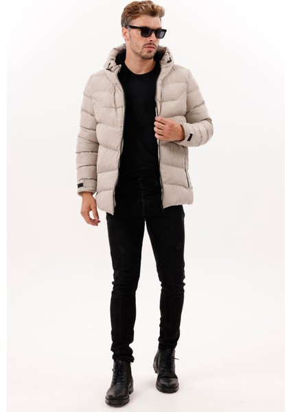 Erkek Taş Içi Polarlı Kürklü Kapüşonlu Su Geçirmez Rüzgara Dayanıklı Şişme Kışlık Mont Kaban Parka