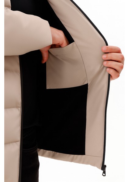 Erkek Taş Içi Polarlı Kürklü Kapüşonlu Su Geçirmez Rüzgara Dayanıklı Şişme Kışlık Mont Kaban Parka