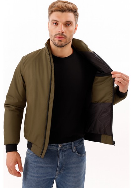 Erkek Haki Astarlı Dik Yaka Mevsimlik Su ve Rüzgar Geçirmez Mont FM-505