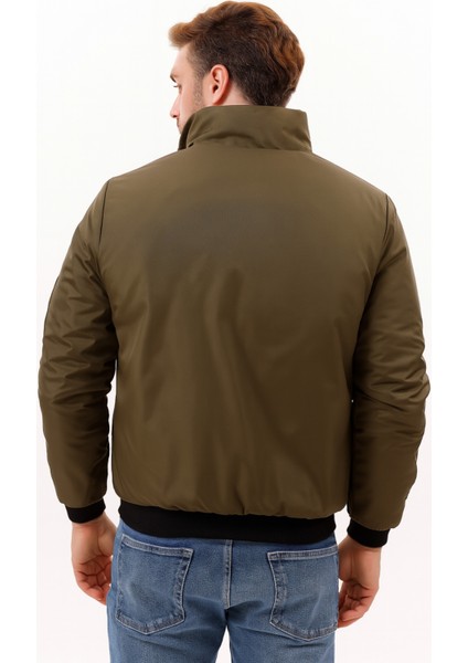 Erkek Haki Astarlı Dik Yaka Mevsimlik Su ve Rüzgar Geçirmez Mont FM-505