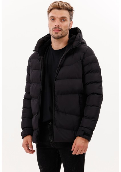 Erkek Siyah Kapüşonlu Içi Polarlı Su Geçirmez Rüzgara Dayanıklı Şişme Mont & Kaban & Parka