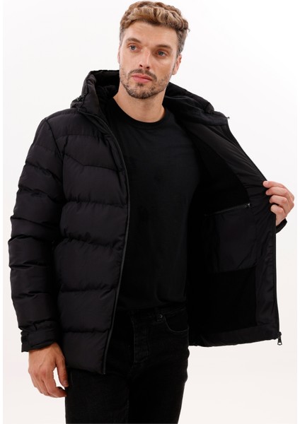 Erkek Siyah Kapüşonlu Içi Polarlı Su Geçirmez Rüzgara Dayanıklı Şişme Mont & Kaban & Parka
